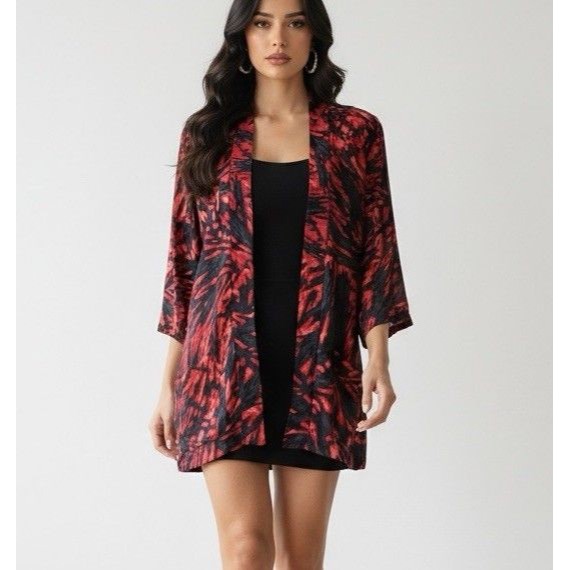 Tucker Small Petite P Red Black Abstract Silk Open Front Kimono Jacket